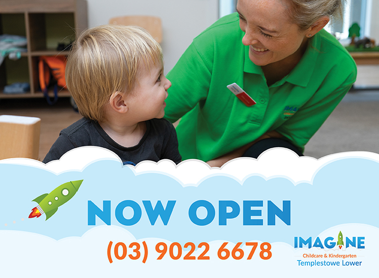 Child and cheerful caregiver in a daycare setting with a bold 'NOW OPEN' banner and phone number in the foreground, advertising Imagine Childcare & Kindergarten.