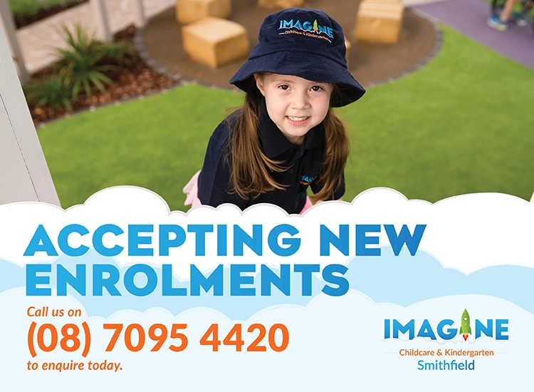 Girl wearing an IMAGINE hat stands beside a banner that reads 'ACCEPTING NEW ENROLMENTS' with the phone number (08) 7095 4420.