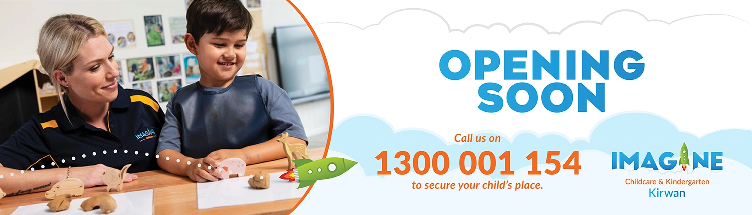 Opening soon banner for Imagine Childcare; caregiver and child crafting clay figures at a desk smooth curve graphic on left.